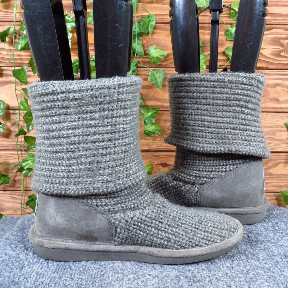 Bearpaw Knit Tall Women Shoes Size 7 Winter Cold Weather Gray Knit Suede Boot